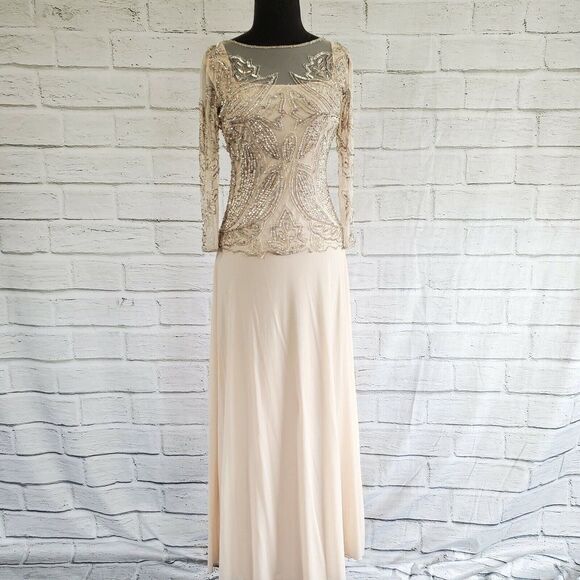 Pisarro Nights Blush Sheer 3/4 sleeve Beaded Gown Formal Womens Size 4 Rayon - Picture 1 of 10
